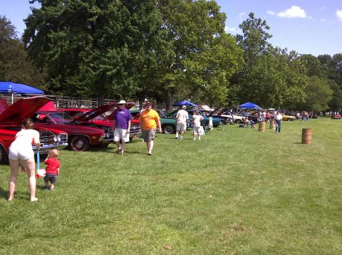 1971 Ford Ranchero - A sunny day at a car show with several classic cars lined up on the grass.