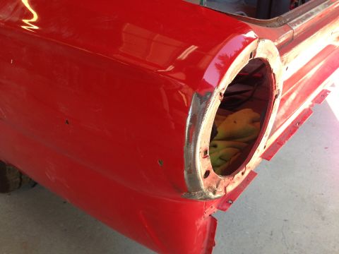 1964 Ford Fairlane - Rear quarter panel of a 1964 Ford Fairlane showing the taillight opening during restoration.