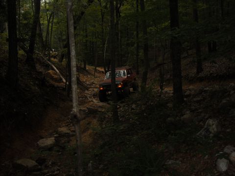 1979 Ford F-150 - Off-roading through a wooded area on a challenging, rocky path.