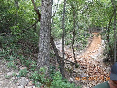 2013 Ford Bronco - A dirt and rock trail winds through a wooded area, with a person's head visible in the lower right corner.