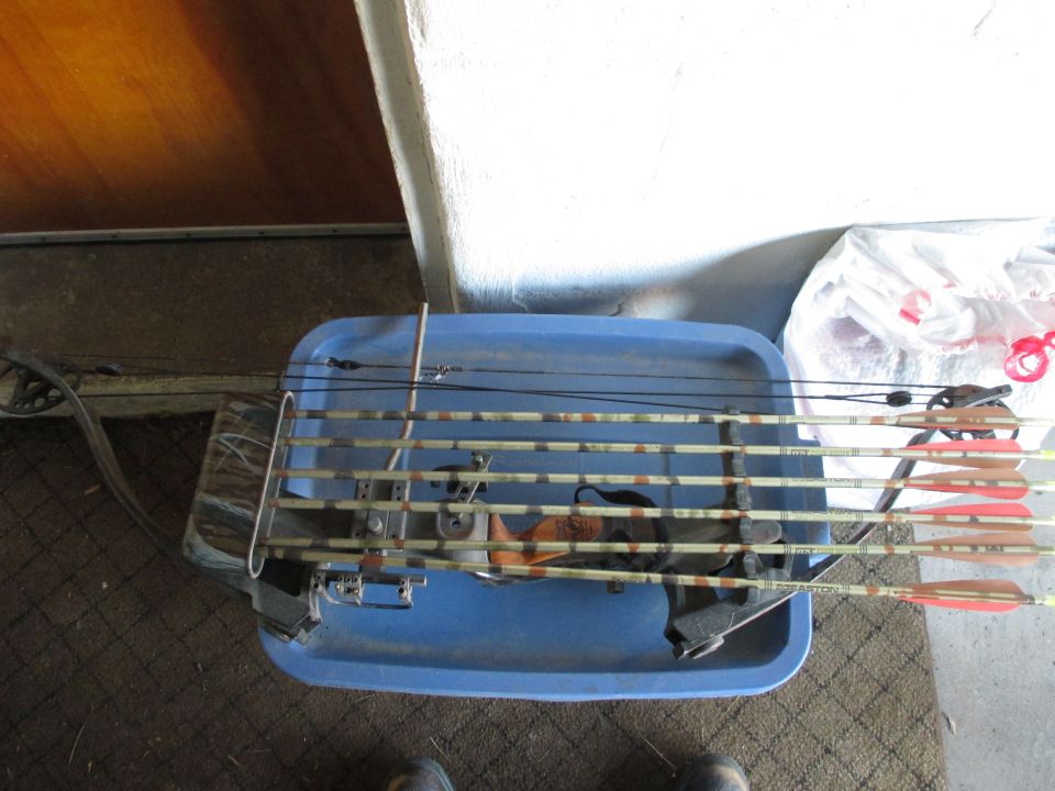 Compound bow and arrows on a blue tray
