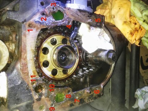 1978 Ford Bronco - Close-up view of an engine's timing chain and gears, marked with red numbers.