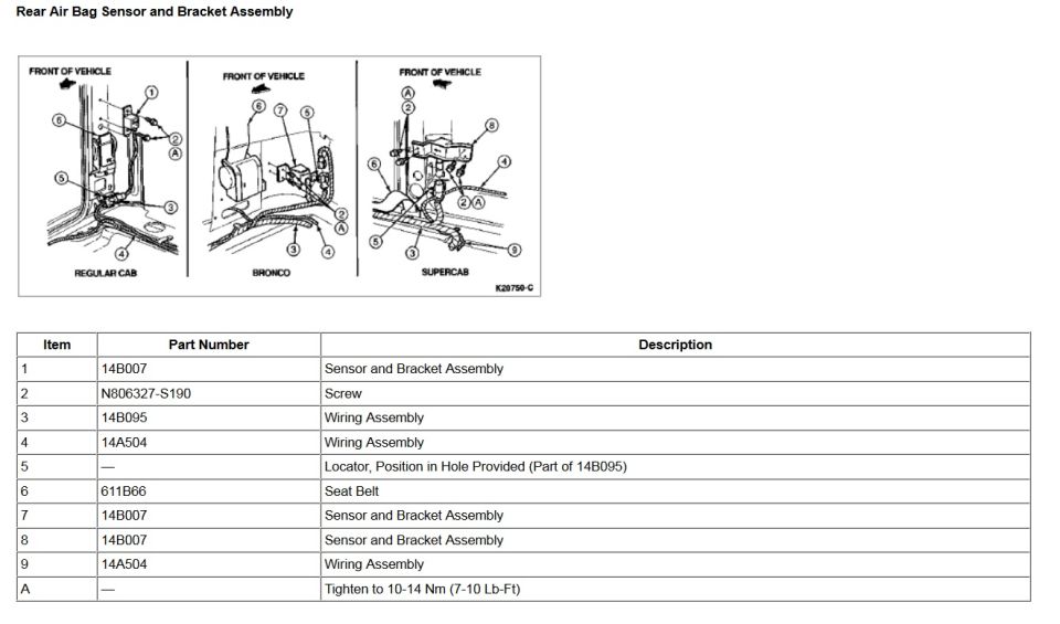 Rear air bag sensor and bracket exploded view with parts list