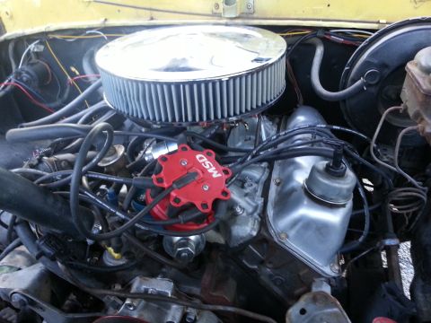 1978 Ford Bronco - Close-up of an engine bay an MSD ignition system and chrome air filter housing.