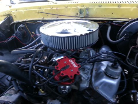 1978 Ford Bronco - Close-up of a vehicle's engine bay, a chrome air filter and red MSD ignition components.