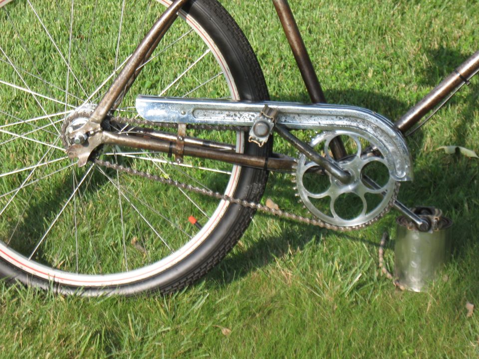 Close-up of bicycle chain, sprocket, and rear wheel spokes on grass