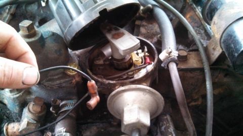 1979 Ford Bronco - Close-up view of an engine's distributor cap and rotor assembly, with a hand holding a loose wire.