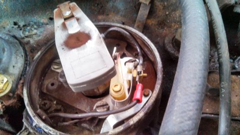 1979 Ford Bronco - Close-up of a vehicle's ignition distributor cap and rotor assembly.