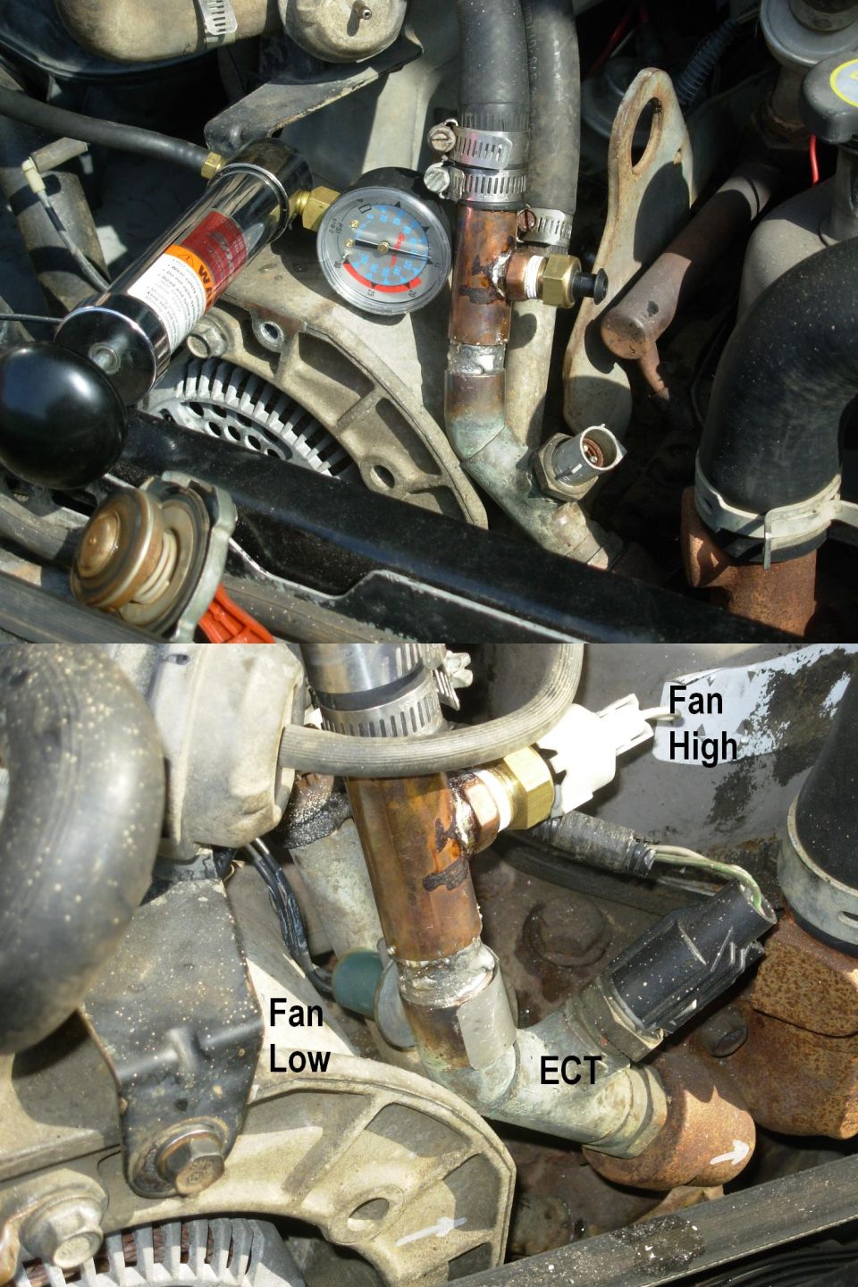 Copper coolant fitting with fan-switch and ECT sensor ports, plus temp gauge in engine bay
