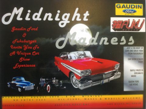2013 Ford Mustang - Poster advertises the Midnight Madness car show hosted by Gaudin Ford and Fukuburger, with vintage cars depicted.