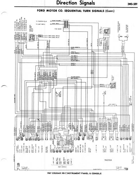 1967 Mercury Cougar - This diagram details the sequential turn signal wiring for a 1967 Cougar XR-7 instrument panel and console.