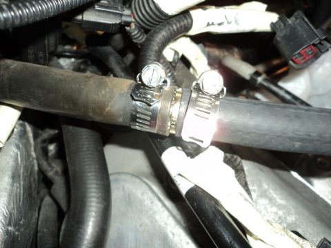 2004 Mercury Grand Marquis - Engine bay detail showing clamped hoses and electrical connections.