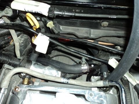 2004 Mercury Grand Marquis - Close-up view of engine bay components, including hoses and wiring harnesses.
