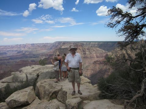 1991 Ford LTD Crown Victoria - Tourists enjoy the vast landscape of the Grand Canyon, with a man in a hat in the foreground.