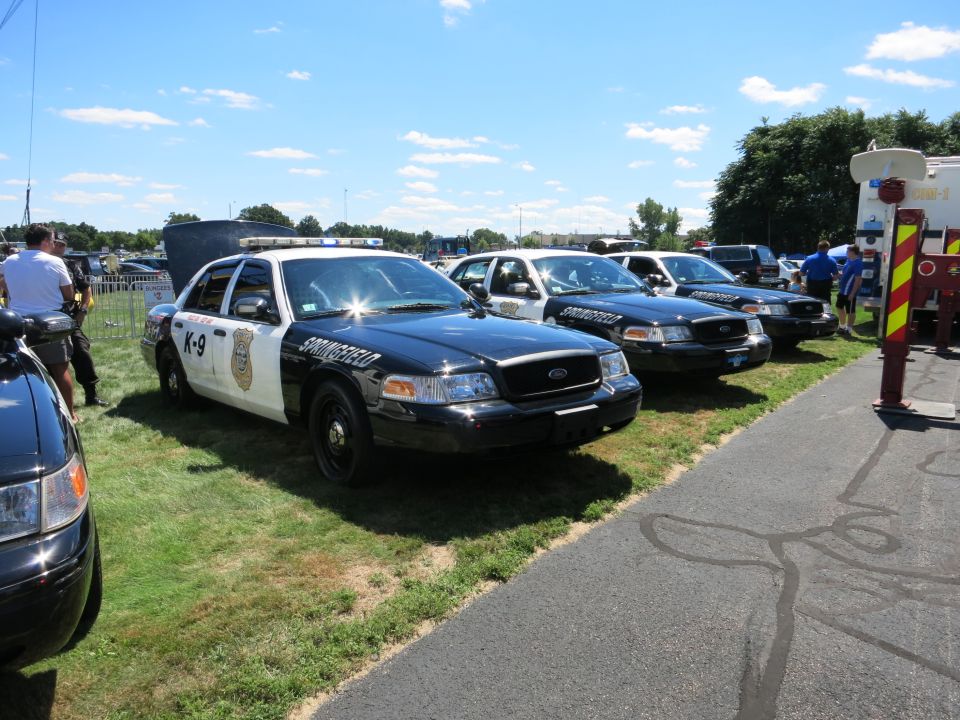 Black and white police cars parked on grass, one with hood open. Springfield K-9 text visible