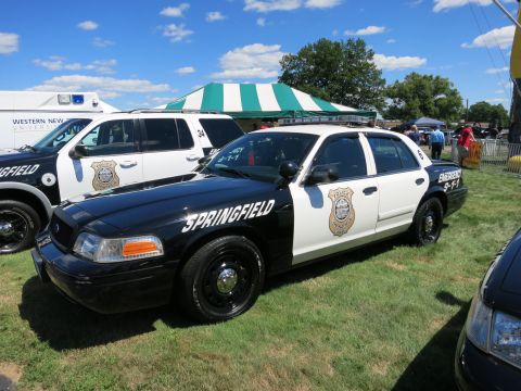 2001 Ford Crown Victoria - A 2001 Ford Crown Victoria police car is parked on grass, with another police vehicle visible behind it.
