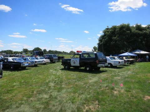 2001 Ford Crown Victoria - Several police vehicles and other cars are parked on a grassy field on a sunny day.