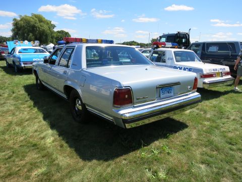 2001 Ford Crown Victoria - A silver 2001 Ford Crown Victoria police car is parked on grass next to other police vehicles under a blue sky.