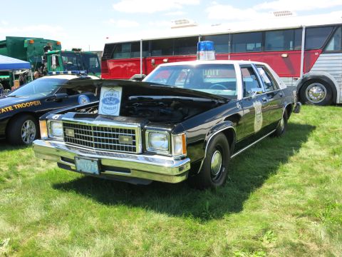 2001 Ford Crown Victoria - Front view of a 1979 police car with its hood open, parked on grass next to another vehicle.