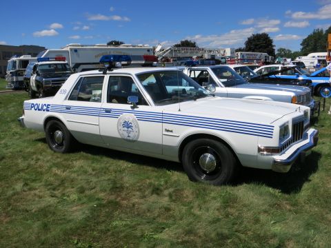 2001 Ford Crown Victoria - A white police car with blue stripes and a city seal is parked on a grassy field with other vehicles in the background.