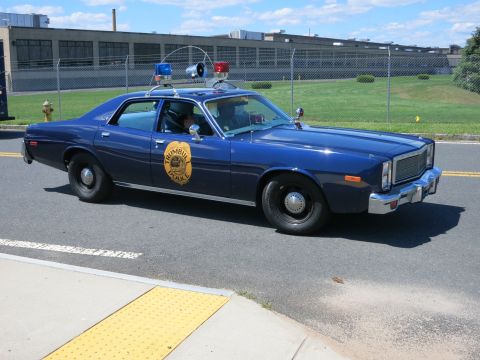 2001 Ford Crown Victoria - A blue police car with a light bar and a circular emblem on the door is driving on a road.