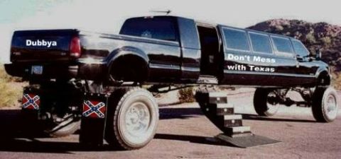1979 Ford Bronco - This custom truck limousine features unique text and Confederate flag mudflaps.