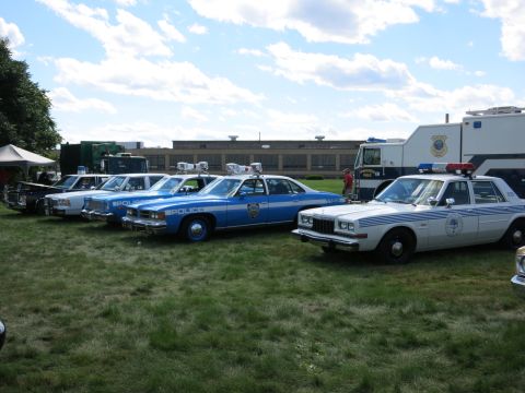 2001 Ford Crown Victoria - A line of police cars, some blue and some white with blue stripes, are parked on a grassy field under a cloudy sky.