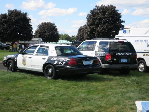 2001 Ford Crown Victoria - Two police vehicles, a sedan and an SUV, are parked on a grassy area next to an ambulance.
