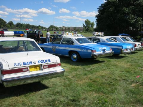 2001 Ford Crown Victoria - A lineup of vintage police cruisers, some marked 'Miami Police', are parked on a grassy field under a blue sky.