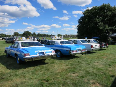 2001 Ford Crown Victoria - Several police cars are parked in a row on a grassy field under a cloudy sky.