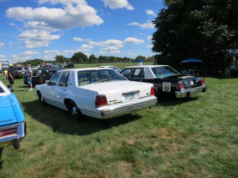 2001 Ford Crown Victoria - A white police car is parked on grass next to a black police car under a cloudy sky.