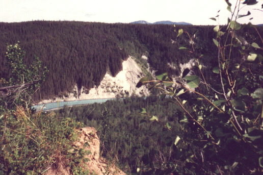Forested river valley with white eroded cliff above a green river, seen from a hilltop viewpoint
