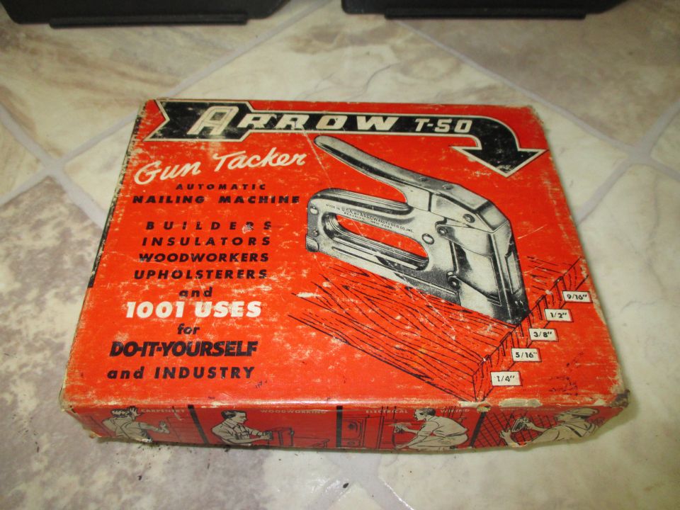 Arrow T-50 Gun Tacker box with illustration of stapler and staples