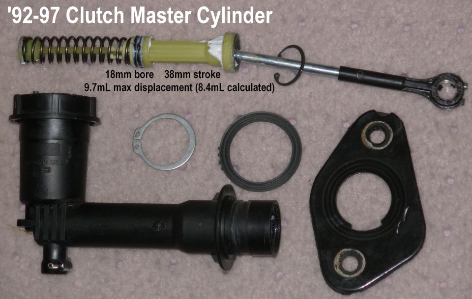 '92-96 Clutch Master Cylinder exploded

The spring & forward plunger block off the reservoir when the MC is not fully-released.  The piston & O-ring in the middle are the ones that move the fluid to the slave.

The mounting plate's index is larger than the key on the MC body to allow the MC to be twisted sideways for easier access to the mounting nuts.