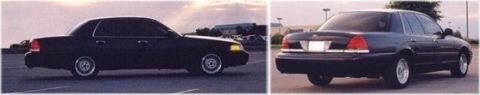 1999 Ford Crown Victoria - Two views of a black Ford Crown Victoria sedan.