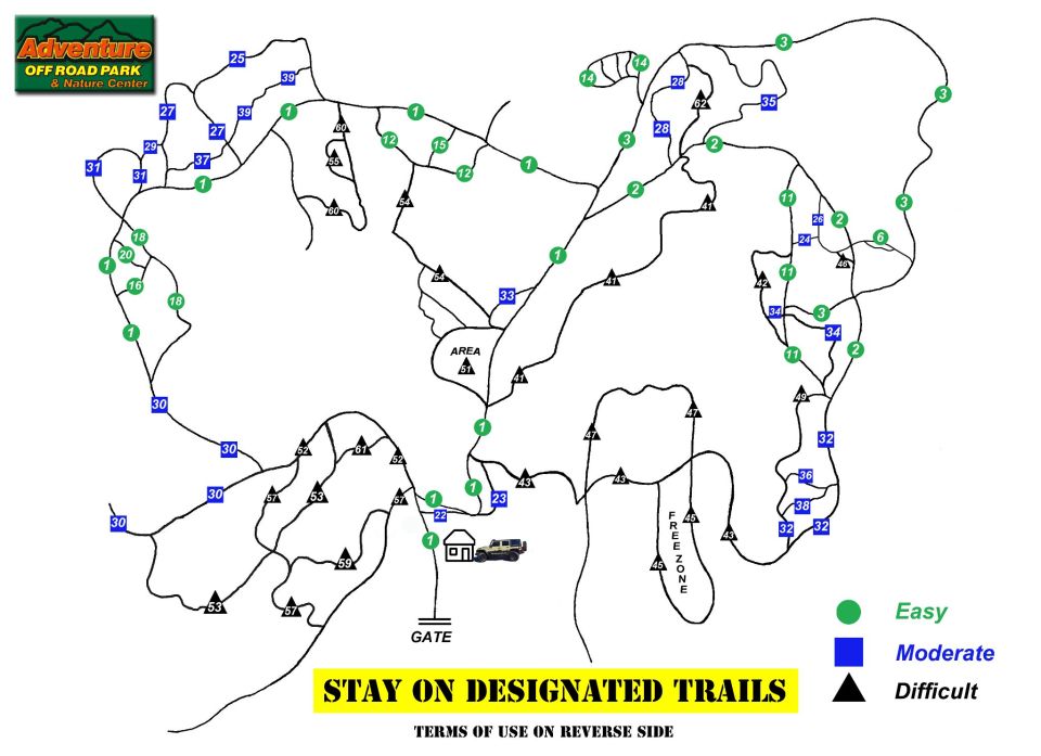 Adventure Off Road Park trail map with numbered routes and difficulty legend