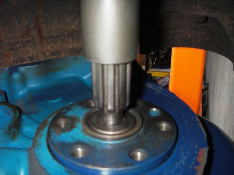 1972 Ford Ranchero - peeking through the fork hole to see how deep the pilot rides in the bushing, with the block plate installed it'll be out another 1/16"