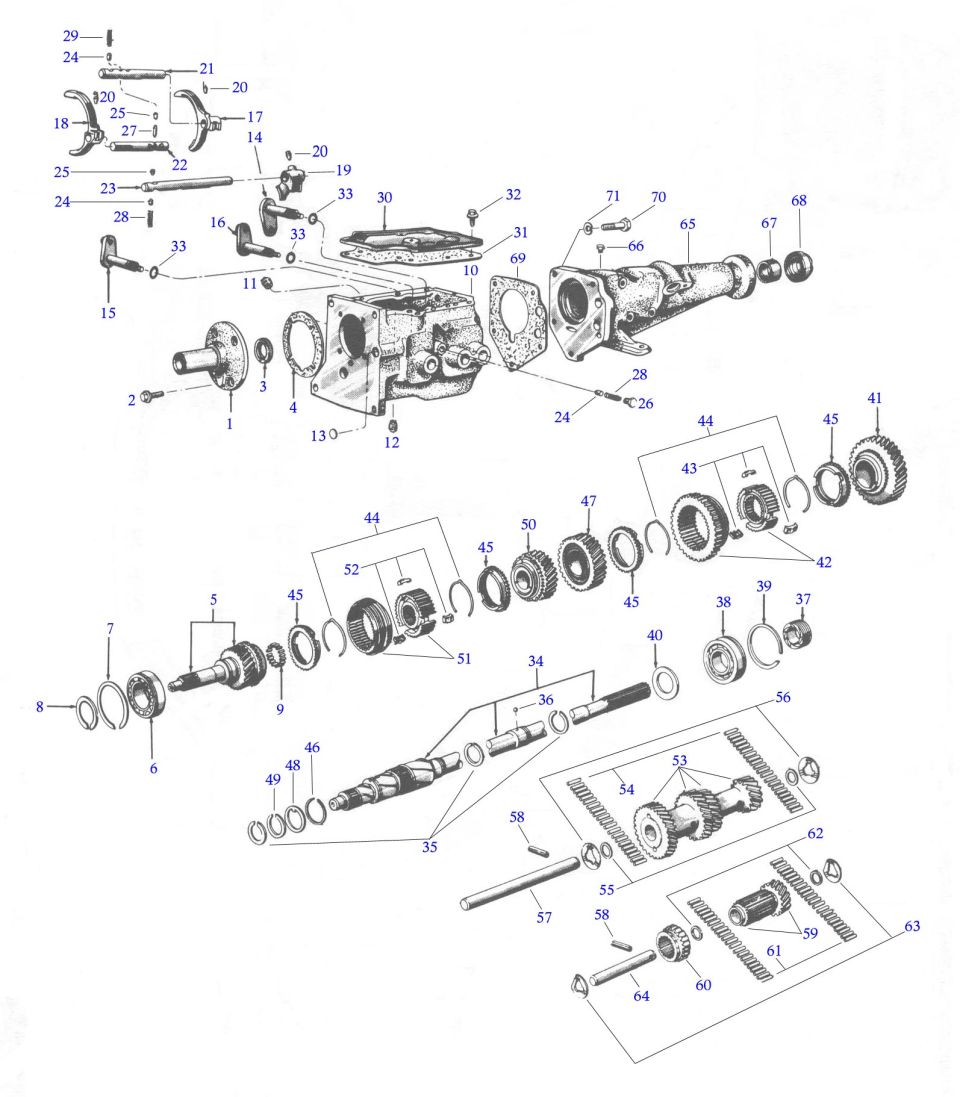 Manual transmission exploded parts breakdown with numbered callouts for case, gears, shafts and shift forks