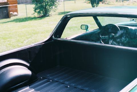 1971 Ford Ranchero - View of the bed and interior of a 1971 Ford Ranchero.