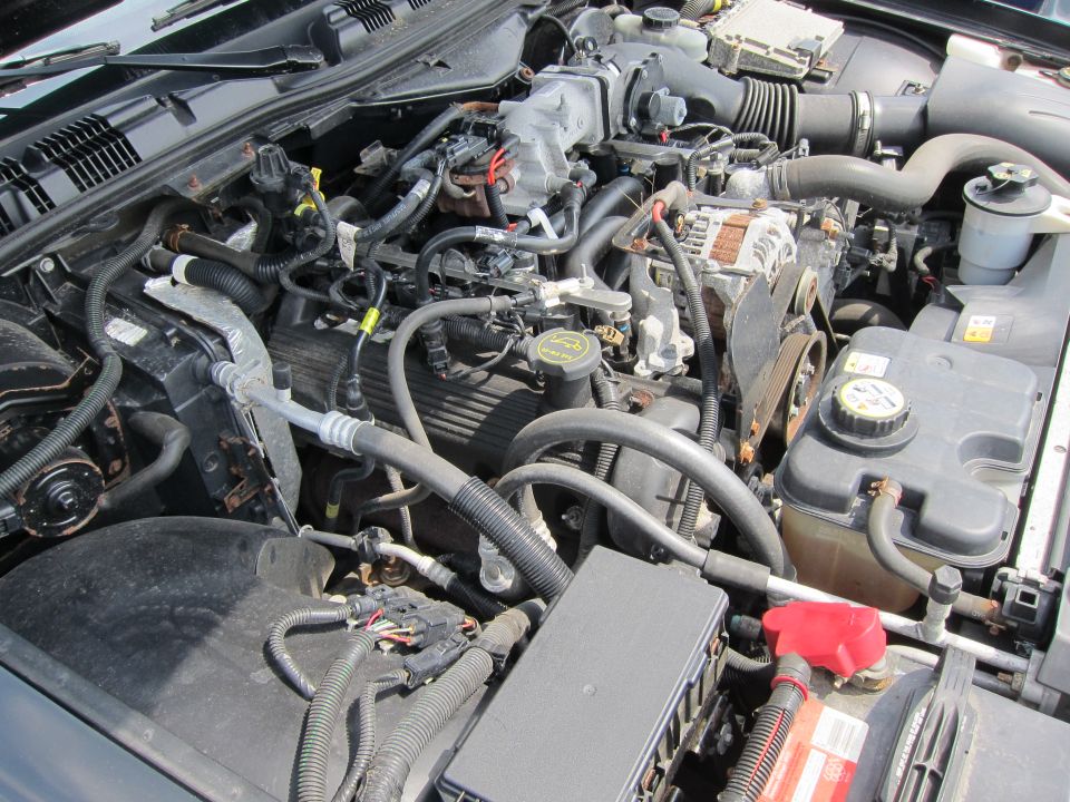 Engine bay with various hoses, wires, and components visible