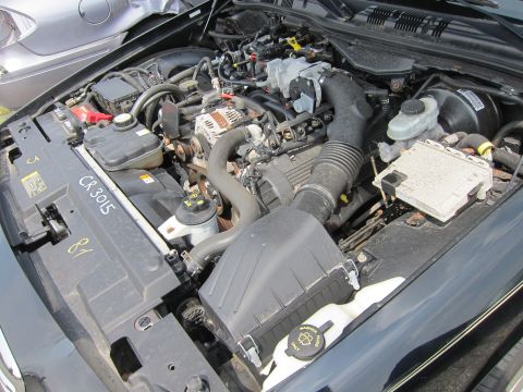2001 Ford Crown Victoria - The engine bay of a 2001 Ford Crown Victoria is visible, with various mechanical parts and fluids.