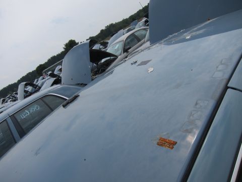 2001 Ford Crown Victoria - A light blue 2001 Ford Crown Victoria sits in a junkyard, its hood showing signs of wear and tear.
