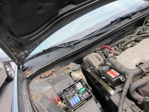 2001 Ford Crown Victoria - Engine bay view with alternator and fuse box visible; another vehicle is partially seen.