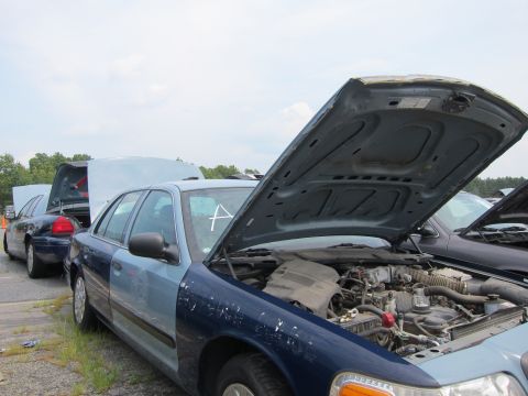 2001 Ford Crown Victoria - Two-tone 2001 Ford Crown Victoria sedans are parked with hoods open, revealing their engines.