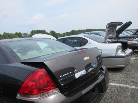 2001 Ford Crown Victoria - Multiple vehicles are parked in an outdoor lot under a cloudy sky.