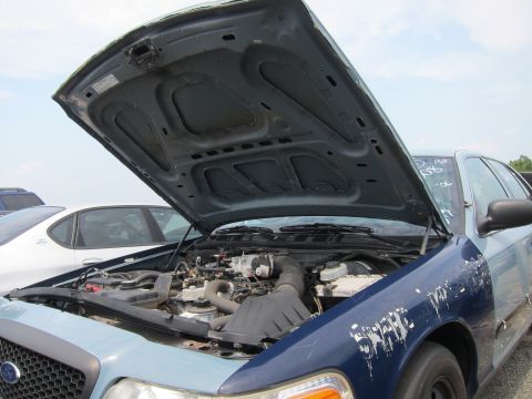 2001 Ford Crown Victoria - The engine bay of a 2001 Ford Crown Victoria is visible with the hood raised, parked next to another vehicle.