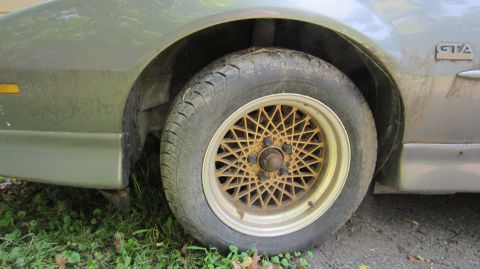 1987 Pontiac Firebird - The side of a 1987 Pontiac Firebird GTA is visible, focusing on the front wheel and fender area.