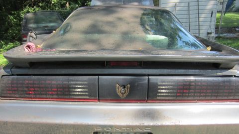 1987 Pontiac Firebird - The rear of a dusty 1987 Pontiac Firebird is visible, with another vehicle in the background.
