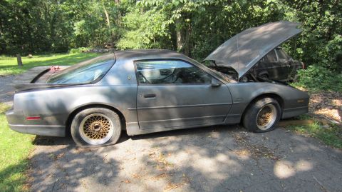 1987 Pontiac Firebird - A gray 1987 Pontiac Firebird sits outside with its hood up and flat tires.