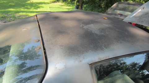 1987 Pontiac Firebird - The weathered roof of a car shows a prominent seam, with another vehicle visible in the background.